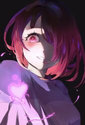 1girl backlighting bete_noire black_background blush brown_hair commentary dark english_commentary from_below glitchtale gradient_hair grin hair_over_one_eye heart highres kinpouge_5 looking_down multicolored_hair pink_eyes pink_hair pink_sweater purple_sweater short_hair simple_background smile solo sweater turtleneck turtleneck_sweater two-tone_hair two-tone_sweater undertale upper_body