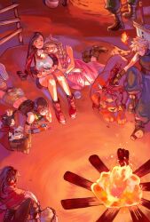 3girls 6+boys aerith_gainsborough barret_wallace black_hair blonde_hair borrowed_clothes brown_hair buster_sword cait_sith_(final_fantasy) campfire cape cid_highwind cloak cloud_strife commentary cosmo_canyon crown dress english_commentary final_fantasy final_fantasy_vii fire goggles goggles_on_head hair_over_shoulder highres jacket leaning_on_person maridoodles materia multiple_boys multiple_girls pink_dress red_cape red_cloak red_hair red_jacket red_xiii short_shorts shorts sitting spiked_hair tifa_lockhart vincent_valentine yuffie_kisaragi