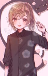1boy 1girl black_nails black_shirt brown_hair cat collared_shirt drawn_wings earrings highres jewelry kanae_(nijisanji) looking_at_viewer male_focus mi_oxo_9m nijisanji open_mouth ponytail roto_(kanae) shirt solo virtual_youtuber