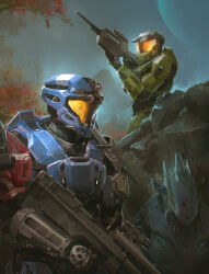 2boys alien armor assault_visor battle_rifle blood br55 bullet_hole bullpup commentary commission corpse english_commentary gun halo:_reach halo_(series) helmet highres holding holding_gun holding_weapon m392_marksman male_focus master_chief multiple_boys power_armor purple_blood rifle sangheili spartan_(halo) tdspiral weapon