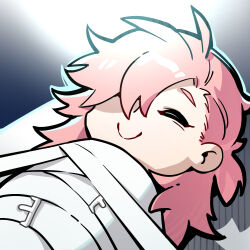 1boy artist_request bound chibi chibi_only chinese_commentary closed_eyes girls&#039;_frontline girls&#039;_frontline_neural_cloud official_art pink_hair salmon_(neural_cloud) second-party_source smile solo straitjacket