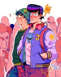 Rule 34 | beanie, black hair, blue eyes, blush, casual, cheekbones, crazy diamond, diamond wa kudakenai, earrings, facial mark, flannel, grey hair, hands in pockets, hat, higashikata josuke, highres, jacket, jewelry, jojo no kimyou na bouken, male focus, nijimura okuyasu, pompadour, purple hair, sukajan, tariah furlow, whistling