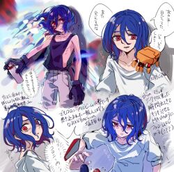 Rule 34 | 1boy, arrow (symbol), blue hair, blush, colored inner hair, commentary request, conch (gundam), gloves, gundam, gundam gquuuuuux, holding spray can, lower eyelashes only, male focus, multicolored hair, multiple views, non-humanoid robot, open mouth, osamu (uko oku), pants, purple hair, red eyes, robot, shirt, short hair, shuji ito, sleeveless, smile, solo focus, speech bubble, sweatdrop, tank top, translation request, two-tone hair, white shirt, wide-eyed