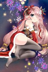 1girl :o air_bubble black_dress black_ribbon black_thighhighs blush braid breasts brown_horns bubble christmas commentary_request demon_horns detached_sleeves draph dress flower fur-trimmed_dress fur-trimmed_sleeves fur_trim granblue_fantasy hair_over_one_eye hair_ribbon heart heart-shaped_pupils highres holly horn_ornament horn_ribbon horns long_hair looking_at_viewer low-tied_long_hair low_twintails lying mashimaro_tabetai medium_breasts narmaya_(granblue_fantasy) narmaya_(holiday)_(granblue_fantasy) no_shoes on_side parted_lips pink_hair pointy_ears ribbon santa_costume santa_dress sleeveless sleeveless_dress snowman_hair_ornament solo swept_bangs symbol-shaped_pupils thighhighs twintails very_long_hair