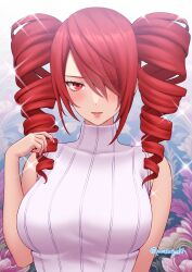 1girl alternate_hairstyle bare_shoulders breasts closed_mouth drill_hair fingernails hair_over_one_eye highres kirijou_mitsuru large_breasts lips long_hair looking_at_viewer masatoshi_1219 one_eye_covered persona persona_3 pink_lips pink_nails red_eyes red_hair ribbed_sweater sleeveless sleeveless_sweater sleeveless_turtleneck solo sweater turtleneck turtleneck_sweater twin_drills twitter_username white_sweater