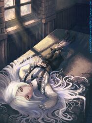 1girl amputee boots commentary_request doll_joints fantasy full_body hair_spread_out highres indoors joints light_smile long_hair lying on_back original shorts solo taitannsouru white_hair window window_shadow yellow_eyes