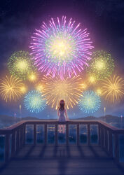 Rule 34 | 1girl, absurdres, arms at sides, au ito, barefoot, brown hair, city lights, cityscape, commentary request, dress, fireworks, forest, from behind, highres, long hair, mountainous horizon, nature, night, night sky, on railing, original, outdoors, porch, railing, scenery, shadow, sitting, sky, sleeveless, sleeveless dress, solo, star (sky), starry sky, straight hair, very wide shot, white dress, wooden floor, wooden railing