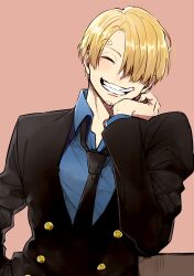 1boy black_necktie blonde_hair cigarette curly_eyebrows goma1132 hair_over_one_eye happy highres leotard male_focus necktie one_piece playboy_bunny sanji_(one_piece) smile solo