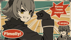 1boy 1girl caesar_king_(zenless_zone_zero) clenched_hand commentary english_commentary english_text flexing frank_lee_(dfgh132) fur-trimmed_jacket fur_trim gloves greyscale greyscale_with_colored_background grin hair_between_eyes highres jacket lighter_(zenless_zone_zero) long_sleeves looking_at_viewer monochrome parody ranguage scarf short_hair smile spiked_jacket spot_color sunglasses upper_body yellow_eyes zenless_zone_zero