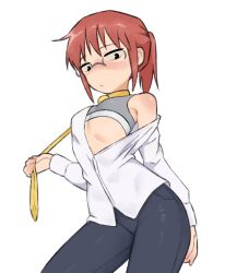 1girl bad_tag black_eyes black_pants bra breasts clothes_grab glasses gurumo_(twitter) kobayashi-san_chi_no_maidragon kobayashi_(maidragon) necktie neckwear_grab pants ponytail red_hair shirt small_breasts solo underwear white_shirt