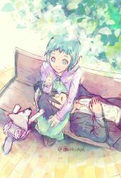 1boy 1girl aqua_eyes aqua_hair artist_name aurastack bench black_jacket blue_hair closed_eyes closed_mouth couple jacket koromaru_(persona) lap_pillow looking_at_another lying open_clothes open_jacket persona persona_3 shirt short_hair sitting smile squeans white_shirt yamagishi_fuuka yuuki_makoto_(persona_3)