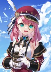 1girl aqua_eyes bare_shoulders black_bow black_bowtie blue_sky bow bowtie brooch newsboy_cap camera charlotte_(genshin_impact) cloud commentary_request cross-laced_clothes cross-laced_sleeves detached_sleeves falling_feathers feathers frilled_sleeves frills genshin_impact gloves hat hat_feather hat_ribbon highres holding holding_camera jewelry lace-up_sleeves looking_at_viewer medium_hair monocle open_mouth pai_daxing pink_hair red_hat red_skirt red_sleeves ribbon shirt skirt sky sleeveless sleeveless_shirt smile solo suspender_skirt suspenders upper_body white_gloves white_ribbon white_shirt