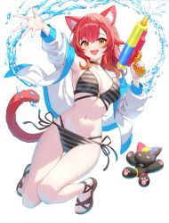 1girl :d absurdres animal_ear_fluff animal_ears bikini black_bikini black_choker black_nails breasts cat_ears cat_girl choker cleavage commentary_request fangs full_body grey_bikini highres holding holding_water_gun jacket jumping large_breasts linea_alba long_hair looking_at_viewer medium_breasts multi-strapped_bikini_bottom multi-strapped_bikini_top multicolored_hair nail_polish navel nekota_tsuna o-ring o-ring_bikini open_clothes open_jacket open_mouth orange_eyes outstretched_arm red_hair sandals side-tie_bikini_bottom simple_background smile solo stomach streaked_hair striped_bikini striped_clothes sunamama4788 swimsuit tail teeth toes upper_teeth_only virtual_youtuber vspo! water water_gun white_background white_jacket