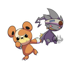 Rule 34 | 1boy, 1girl, 32rabbitteeth, animal ears, banette, bear ears, black eyes, claws, colored sclera, crossover, gen 2 pokemon, gen 3 pokemon, headband, holding hands, maka albarn, nintendo, orange fur, pink sclera, pokemon, pokemon (creature), sleeve cuffs, soul eater, soul evans, teddiursa, zipper, zipper pull tab