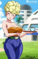 1girl ^_^ arms_around_waist blonde_hair blue_sky blurry bow breasts capsule_corp closed_eyes cup day denim dragon_ball dragonball_z highres holding holding_tray jeans large_breasts lipstick looking_at_viewer makeup mature_female navel panchy pants sano_br shiny_skin shirt sky solo standing strapless strapless_shirt tray wavy_hair wide_hips