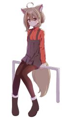 Rule 34 | 1girl, ahoge, alternate costume, animal ear fluff, animal ears, backlighting, blonde hair, boots, brown streaks, chaakusu, closed mouth, commentary request, ear piercing, earrings, expressionless, fennery (show by rock!!), fox ears, fox girl, fox tail, full body, fur-trimmed boots, fur trim, grey skirt, hair between eyes, hair ornament, hairclip, high-waist skirt, highres, jewelry, knees together feet apart, long sleeves, looking at viewer, miniskirt, multicolored hair, pantyhose, piercing, red eyes, red sweater, short hair, show by rock!!, sidelocks, simple background, sitting, sitting on object, skirt, solo, star (symbol), star earrings, streaked hair, suspender skirt, suspenders, sweater, tail, turtleneck, turtleneck sweater, white background