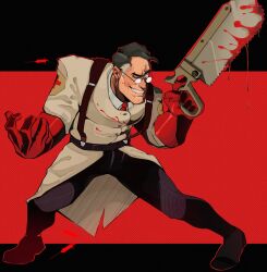 Rule 34 | 1boy, black hair, blood, blood on clothes, blood on face, bloody weapon, bonesaw, commentary, doctor, english commentary, faust (guilty gear), fighting stance, glasses, gloves, grey hair, guilty gear, highres, lab coat, male focus, mature male, medic (tf2), necktie, outfit connection, parody, red eyes, red gloves, red medic (tf2), saw, sev (consultyourdr), solo, suspenders, syringe, team fortress 2, trait connection, weapon