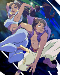 110isato 1boy 1girl 2023 absurdres aladdin_(disney) arabian_clothes bangle barefoot black_hair bracelet commentary couple disney disney_princess highres jasmine_(disney) jewelry long_hair midair midriff night night_sky signature sky sparkle star_(sky) vest