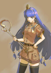 1girl absurdres affogato_(pixiv_98217350) belt belt_buckle black_belt black_thighhighs blue_eyes blue_hair blunt_bangs breasts brown_background brown_shirt brown_shorts buckle buttons cargo_shorts closed_mouth collared_shirt colored_eyelashes commentary cowboy_shot earrings facial_mark hand_on_own_hip highres hoop_earrings jewelry keyring long_hair michigami_nareko pocket shirt shorts small_breasts smile solo thighhighs touhou triangle triangle_facial_mark