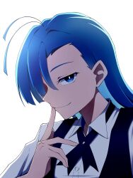 1girl ado_(utaite) ahoge black_ribbon black_vest blue_eyes blue_hair collared_shirt commentary hair_between_eyes highres long_hair looking_at_viewer merry_(ado) neck_ribbon nori_(norinori_yrl) readymade_(ado) ribbon shirt simple_background solo upper_body vest white_background white_shirt