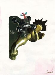 Rule 34 | 1girl, english text, fairy, faucet, hole, mini person, minigirl, object focus, original, painting (medium), shadow, slow d, solo, still life, traditional media, white background