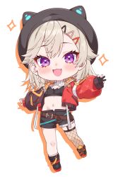 1girl absurdres amaki_daisuke animal_hat belt black_gloves black_hat black_shorts blonde_hair blush brown_belt cat_hat chibi chibi_only commentary cropped_jacket drop_shadow facial_mark fang fingerless_gloves fishnet_thighhighs fishnets full_body gloves hair_ornament hairclip hat heart heart_in_eye highres jacket komori_met komori_met_(5th_costume) looking_at_viewer navel open_clothes open_jacket open_mouth purple_eyes shoes shorts simple_background single_thighhigh skin_fang solo sparkle symbol_in_eye thighhighs virtual_youtuber vspo! white_background
