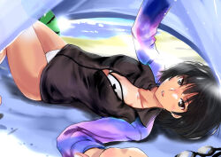 1girl amagami beach beach_towel bikini black_hair black_jacket blurry blush bokeh breasts brown_eyes cleavage collarbone commentary depth_of_field feet_out_of_frame food fruit goggles jacket jacket_over_swimsuit knees_up light_rays looking_at_viewer lying messy_hair multicolored_jacket murasaki_iro nanasaki_ai ocean on_back parted_lips partially_unzipped purple_jacket raglan_sleeves sand selfie short_hair small_breasts solo sunbeam sunlight swimsuit tent towel two-tone_jacket water watermelon white_bikini