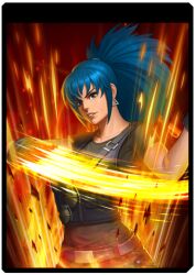 1girl armor blue_eyes blue_hair breasts bulletproof_vest earrings female_focus gloves jewelry leather leona_heidern long_hair medium_breasts military pale_skin pants ponytail shirt the_king_of_fighters wide_hips
