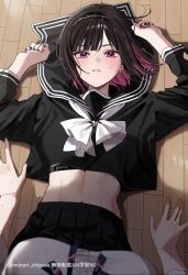 2girls abs black_hairband black_nails black_sailor_collar black_serafuku black_shirt black_skirt blush bow bowtie bra bra_peek chigusa_minori colored_inner_hair commentary_request dress_shirt gradient_nails hairband highres long_sleeves looking_at_viewer lying midriff multicolored_hair multiple_girls nail_polish navel on_back open_mouth pink_hair pov_bullying purple_eyes sailor_collar saotome_shino_(shino_to_ren) school_uniform serafuku shadow shino_to_ren shirayuki_ren shirt short_hair skirt straddling sweatdrop underwear white_bow white_bowtie white_shirt yuri