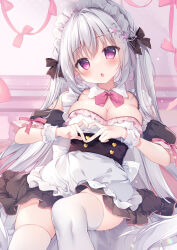 1girl apron bare_shoulders black_bow black_dress blush bow bowtie breasts cleavage collarbone detached_collar dress frills grey_hair hair_bow hair_ornament heart heart_hands highres large_breasts long_hair looking_at_viewer maid maid_apron maid_headdress open_mouth original pink_bow pink_bowtie purple_eyes shirosei_mochi solo thighhighs twintails very_long_hair white_apron white_thighhighs wrist_cuffs