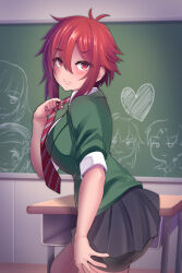 1girl adjusting_clothes adjusting_necktie aizawa_tomo bike_shorts black_shorts black_skirt blazer blush breasts chalkboard classroom closed_mouth commentary cow desk diagonal-striped_clothes diagonal-striped_necktie fang from_side green_jacket hair_between_eyes heart highres jacket kazukoto large_breasts looking_at_viewer necktie pleated_skirt red_eyes red_hair red_necktie school_desk shirt short_hair shorts shorts_under_skirt sidelocks skirt solo standing striped_clothes tomo-chan_wa_onna_no_ko white_shirt