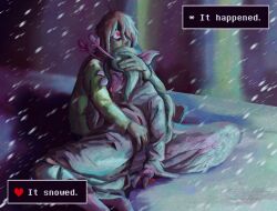 1girl 1other angel_wings animal_ears antlers bad_end blizzard blonde_hair blood blood_on_hands brown_hair buck_teeth constricted_pupils crying crying_with_eyes_open deer_antlers deer_ears deer_girl deltarune feathered_wings fine_art_parody freckles furry furry_female hand_on_another&#039;s_head head_hug highres horns hug injury ivan_the_terrible_and_his_son_ivan jestercircus kris_(deltarune) long_hair medium_hair messy_hair noelle_holiday parody red_eyes reindeer_girl scared snowing spoilers symbolism tearing_up tears teeth traumatized weird_route_(deltarune) wide-eyed wings
