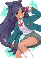 1girl alternate_hairstyle bow bowtie brown_eyes collared_shirt commentary_request commission couzone grin hair_rings hand_up highres holding holding_poke_ball iris_(pokemon) jacket knees long_hair long_sleeves low-tied_long_hair nintendo open_clothes open_jacket pixiv_commission poke_ball poke_ball_(basic) pokemon pokemon_(anime) pokemon_bw_(anime) ponytail red_bow red_bowtie school_uniform shirt skirt smile socks solo teeth very_long_hair white_shirt white_socks