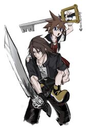 2boys black_gloves black_jacket black_pants brown_hair carrying chain chain_necklace child cho5782 closed_mouth cropped_jacket cropped_legs final_fantasy final_fantasy_viii fingerless_gloves full_body gloves gunblade highres holding holding_weapon jacket jewelry keyblade kingdom_hearts male_focus medium_hair multiple_boys necklace open_mouth overalls pants parted_bangs piggyback red_overalls scar scar_on_face scar_on_forehead shirt shoes short_hair short_sleeves smile sora_(kingdom_hearts) spiked_hair squall_leonhart weapon white_background white_gloves white_jacket white_shirt yellow_shoes