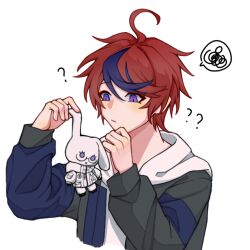 8794780853 ? ?? ahoge aotsuki_eito blue_eyes character_doll chinese_commentary grey_jacket hands_up holding holding_stuffed_toy hood hoodie jacket male_focus multicolored_hair multicolored_jacket purple_eyes rabbit red_hair short_hair simple_background speech_bubble streaked_hair stuffed_toy sumino_takumi the_hundred_line_-last_defense_academy- two-tone_jacket upper_body white_background white_hoodie white_jacket
