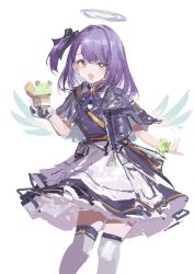 Rule 34 | 1girl, absurdres, arknights, bag, capelet, detached wings, dress, energy wings, food, glowing, glowing wings, halo, highres, holding, holding food, holding ice cream, ice cream, idida (arknights), laoshi wo hao e, looking at viewer, multicolored halo, one side up, open mouth, purple capelet, purple dress, short hair, shoulder bag, smile, solo, thighhighs, white thighhighs, wings