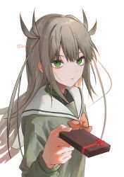 1girl absurdres bow box box_of_chocolates brown_hair closed_mouth expressionless green_eyes green_shirt highres hisui_kanon inami_koa long_hair looking_at_viewer red_bow school_uniform sentai_daishikkaku shirt solo twitter_username two_side_up white_background
