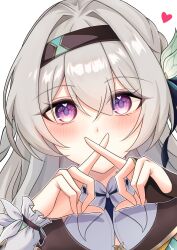 1girl absurdres black_hairband bridal_gauntlets collar collared_shirt firefly_(honkai:_star_rail) frilled_shirt_collar frilled_sleeves frills gradient_eyes grey_hair hair_between_eyes hair_intakes hair_ornament hair_ribbon hairband heart highres honkai:_star_rail honkai_(series) jacket long_sleeves multicolored_eyes pink_eyes purple_pupils ribbon shirt simple_background single_bridal_gauntlet solo str_sawa white_background white_collar white_shirt white_sleeves x_fingers