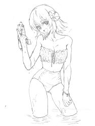 1girl bikini bracelet breasts cagalli_yula_athha cleavage commentary cropped_legs flower gundam gundam_seed hair_flower hair_ornament highres hkm78664493 holding holding_water_gun jewelry looking_at_viewer medium_breasts monochrome open_mouth short_hair simple_background smile solo swimsuit wading water_gun wet white_background