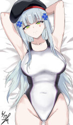 1girl absurdres armpits arms_behind_head blush breasts competition_swimsuit covered_navel facial_mark girls&#039;_frontline girls&#039;_frontline_2:_exilium green_eyes grey_hair hair_ornament hat highleg highres hk416_(girls&#039;_frontline) large_breasts long_hair looking_at_viewer one-piece_swimsuit smile solo swimsuit takumi_munato
