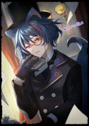 1boy animal_ears ascot black_ascot black_border black_gloves black_hat black_jacket book border buttons commission curtains dog_boy dog_ears dog_tail double-breasted flying_paper gloves hair_between_eyes hat highres holding holding_book indie_virtual_youtuber indoors jacket lapel_pin lapels light_smile looking_at_viewer male_focus merry_(merryweather) monocle multicolored_hair notched_lapels paper parted_lips red_eyes red_hair romayasu shirt short_hair sideways_glance skeb_commission solo streaked_hair tail top_hat upper_body virtual_youtuber white_shirt