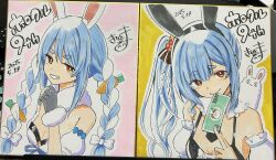 1girl :3 animal_ear_fluff animal_ears banknote between_fingers black_gloves black_hairband black_leotard blue_hair bow braid breasts carrot_hair_ornament center_frills cleavage closed_mouth commentary_request dated detached_sleeves dollar_sign don-chan_(usada_pekora) dress fake_animal_ears food-themed_hair_ornament frills fur-trimmed_gloves fur_trim gloves grin hair_bow hair_ornament hairband highres holding holding_money hololive kiritoma leotard long_hair money multicolored_hair multiple_views photo_(medium) puffy_short_sleeves puffy_sleeves rabbit-shaped_pupils rabbit_ears red_eyes short_sleeves side_ponytail signature small_breasts smile strapless strapless_dress strapless_leotard symbol-shaped_pupils traditional_media translation_request twin_braids twintails two-tone_hair usada_pekora usada_pekora_(1st_costume) usada_pekora_(furi_furi_bunny_dress) very_long_hair virtual_youtuber white_bow white_dress white_hair white_sleeves