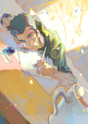 1boy absurdres arsene_lupin_iii bacchus_lpiii black_hair cup fingernails glasses green_shirt hand_hair highres holding holding_pen inkwell knuckle_hair leaning_on_table long_sideburns lupin_iii male_focus mug paper parted_lips pen shirt short_hair sideburns solo