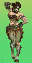 1girl abs absurdres alternate_muscle_size artist_name belt borderlands_(series) breasts brown_hair catastropart choker cleavage elbow_gloves fingerless_gloves fishnet_thighhighs fishnets gloves green_background green_eyes gun hair_over_eyes handgun highres holster jewelry large_breasts looking_at_viewer mad_moxxi makeup mascara medium_hair muscular muscular_female necklace pouch red_lips runny_makeup shoes skirt smile solo thighhighs torn_clothes torn_thighhighs weapon white_facepaint