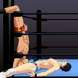 2boys bulge cutiemoan face_in_crotch keiichirou_(mixedfight) knee_pads lying multiple_boys on_back upside-down wrestling wrestling_ring