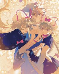 3girls ;p absurdres blue_choker blue_hat blue_kimono chinese_commentary choker clone clone_harem commentary_request dress feet_out_of_frame gap_(touhou) gloves hat hat_ribbon highres hug hug_from_behind japanese_clothes kimono long_hair looking_at_another mob_cap multiple_girls one_eye_closed open_mouth pink_hair pink_ribbon puffy_short_sleeves puffy_sleeves purple_dress purple_eyes ribbon saigyouji_yuyuko short_sleeves tongue tongue_out touhou triangular_headpiece white_gloves white_hat white_sleeves xianyu_liang yakumo_yukari yuri