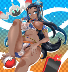 Rule 34 | 1girl, armlet, armpits, barefoot, belly chain, bikini, blue eyes, blue eyeshadow, blue gloves, blue hair, checkered background, dark-skinned female, dark skin, eyeshadow, gen 4 pokemon, gloves, gradient background, grey eyes, hair bun, heart, heart-shaped pupils, highres, jewelry, leg up, long hair, makeup, multicolored hair, navel, nessa (pokemon), nintendo, nipples, nori (akusei shinseibutsu), phone, pokemon, pokemon (creature), pokemon swsh, pussy, rotom, rotom phone, rotomi, see-through clothes, short shorts, shorts, single glove, single hair bun, soles, solo, standing, standing on one leg, swimsuit, symbol-shaped pupils, tankini, two-tone hair, very long hair
