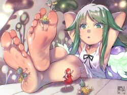 6+girls armpits arms_behind_head arms_up bare_legs barefoot between_toes black_ribbon collarbone crossed_ankles dress feet female_focus foot_focus green_eyes green_hair highres long_hair mini_person multiple_girls parted_lips ribbon saya_(saya_no_uta) saya_no_uta sleeveless sleeveless_dress soon_(c-u-soon) toes white_dress wings