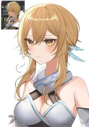 1girl absurdres bare_shoulders blonde_hair blush breasts closed_mouth commentary_request derivative_work detached_sleeves dress feather_hair_ornament feathers flower genshin_impact hair_between_eyes hair_flower hair_ornament highres hotaboshi_yazuki long_sleeves looking_to_the_side lumine_(genshin_impact) medium_breasts screenshot_redraw short_hair short_hair_with_long_locks sidelocks simple_background solo standing upper_body v-shaped_eyebrows white_background white_dress white_flower yaduki100 yellow_eyes