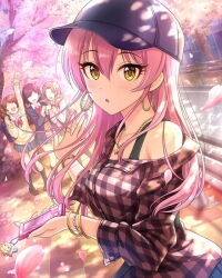 4girls bracelet card_(medium) charm_(object) cherry_blossoms earrings faceless hat holding idolmaster idolmaster_cinderella_girls jewelry jougasaki_mika multiple_girls nail_polish necklace official_art phone pink_hair ring school_uniform tree yellow_eyes